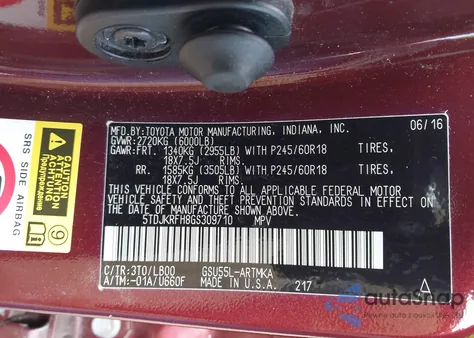 2016 Toyota Highlander Xle V6 z USA, uszkodzony, nr VIN 5TDJKRFH8GS309710